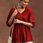 Red Woven Design Silk Blend A-Line Kurti