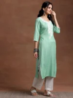 Green Yoke Design Rayon Straight Kurta - Image 3