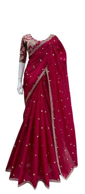 41WIvjoqwL.jpg Saree For Womens Bollywood Style Zimmy Choo Organza Silk Fabric On Beautiful Sequance Embrodery Work - Image 1