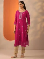 Pink Embroidered Silk Blend Straight Kurta - Image 2