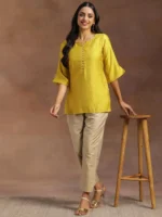 Yellow Solid Silk Blend Straight Kurti - Image 4